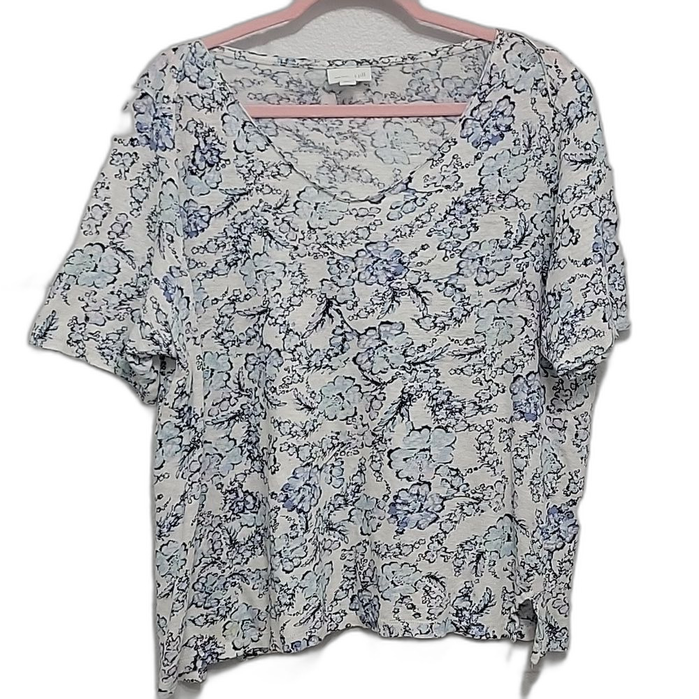 J. Jill Love Relaxed Floral Long Sleeve Tee Blue Gray Linen Size XL Laggenlook